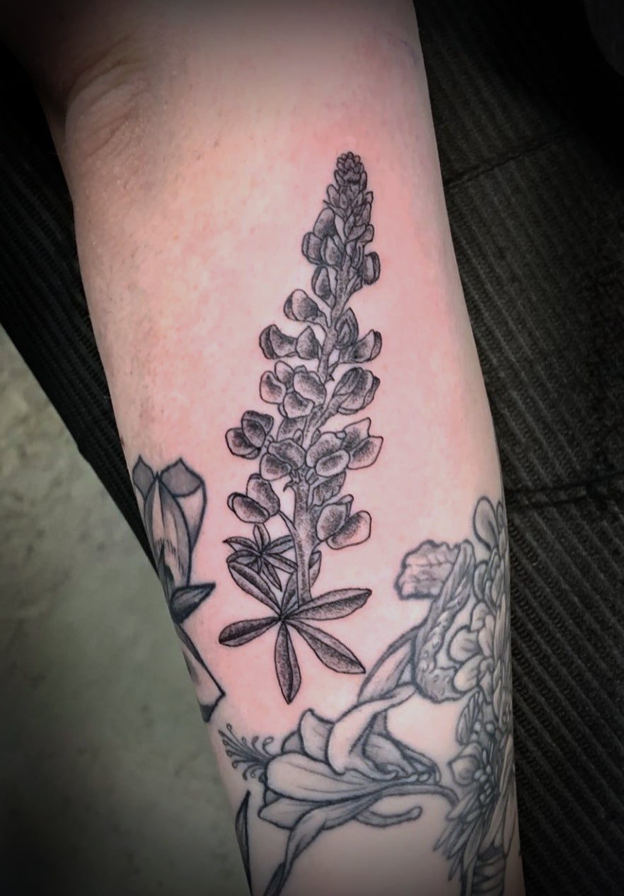 Tattoo tagged with: flower, white, black, big, violet, watercolor, blue,  thigh, pink, bluebonnet, nature, ivanabelakova, tatuaje, tatuajes, green,  leg | inked-app.com